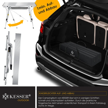  KESSER® Campingtisch Faltbar Klapptisch Camping Tisch Mit Aluminiumrahmen Aufrollbare Tischplatte Falttisch Klappbar Mit Höhenverstellung Inkl. Tragetasche Mit Trageband 90 X 53cm - Bis 30 Kg, Farbe:Silber