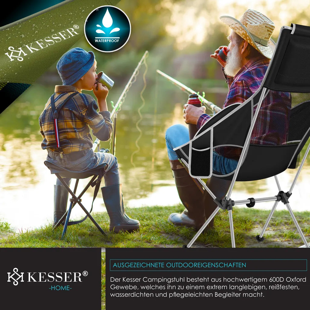  KESSER® Campingstuhl Faltbar Klappbar Mit Hoher Rückenlehne Tragbar Angelstuhl Camping Stuhl Faltstuhl Bis 120 Kg Strandstuhl Angelstuhl Klapphocker Mit Getränkehalter Outdoor Stuhl, Farbe:Schwarz / Grau