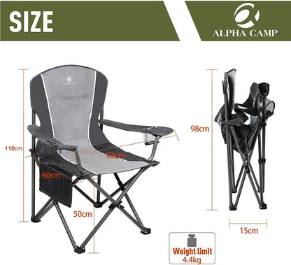  ALPHA CAMP Campingstuhl Faltbar Klappstuhl Gepolstert Mit Getränkehaltern Angelstuhl Mit Armlehnen Bis 160kg Outdoorstuhl Schwarzgrau