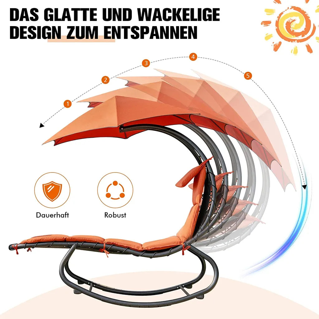  COSTWAY Hängeliege Schwebeliege Mit Sonnenschirm Und Auflage, Sonnenliege Relaxliege Bis 150kg Belastbar, Schaukelliege Für Balkon, Pool, Garten (Orange)