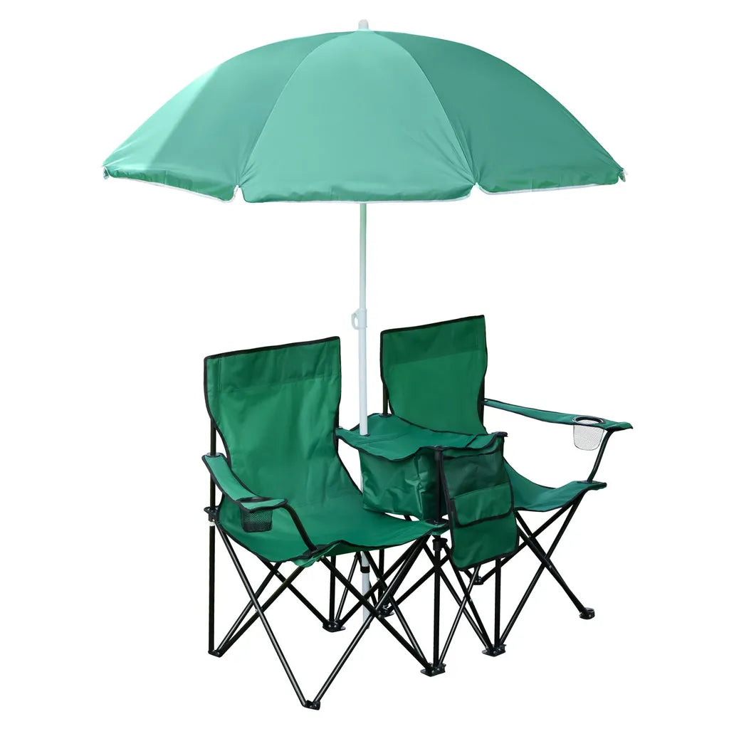  2er Partner Anglerstuhl Campingstuhl Mit Sonnenschirm Und Kühlfach, Farbe:Grün