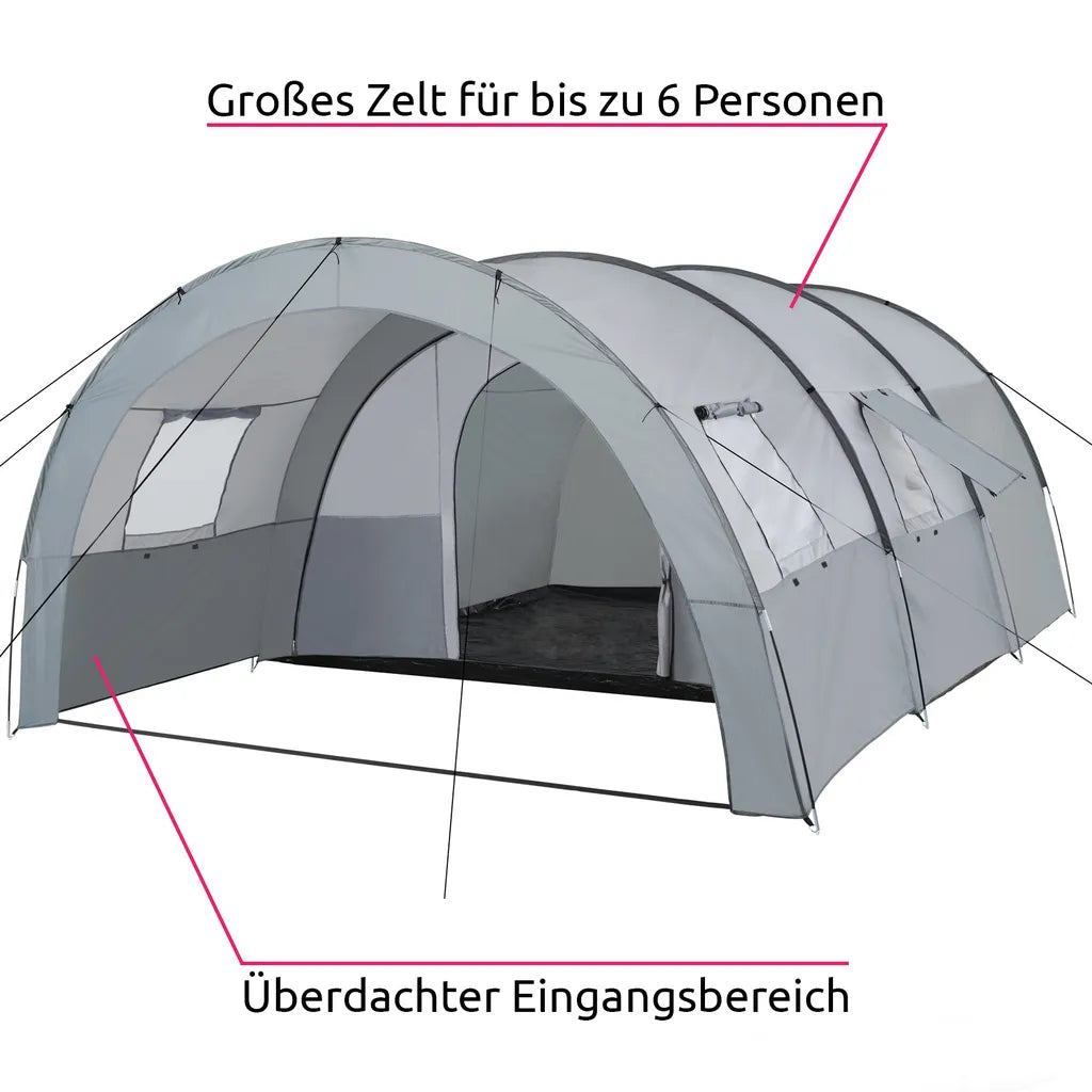  Tectake Tunnelzelt Woodstock Für 6 Personen Mit Vorzelt Und Tragetasche - Hellgrau/dunkelgrau