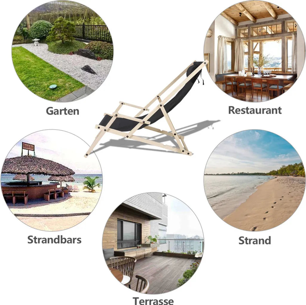 SWANEW Liegestuhl Klappbar Gartenstuhl Holz Sonnenliege Klappstuhl Campingstuhl Strand Schwarz Mit Handläufen 2 Stück