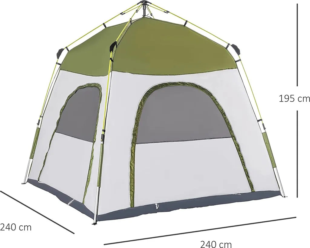  Outsunny Camping Zelt 4 Personen Zelt Familienzelt Mit Fenster 190T PU1000mm Einfache Einrichtung Für Familien Trekking Festival Aluminiumlegierung Glasfaser Grün+Grau 240 X 240 X 199 Cm