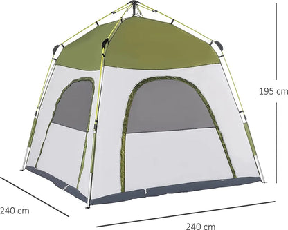  Outsunny Camping Zelt 4 Personen Zelt Familienzelt Mit Fenster 190T PU1000mm Einfache Einrichtung Für Familien Trekking Festival Aluminiumlegierung Glasfaser Grün+Grau 240 X 240 X 199 Cm