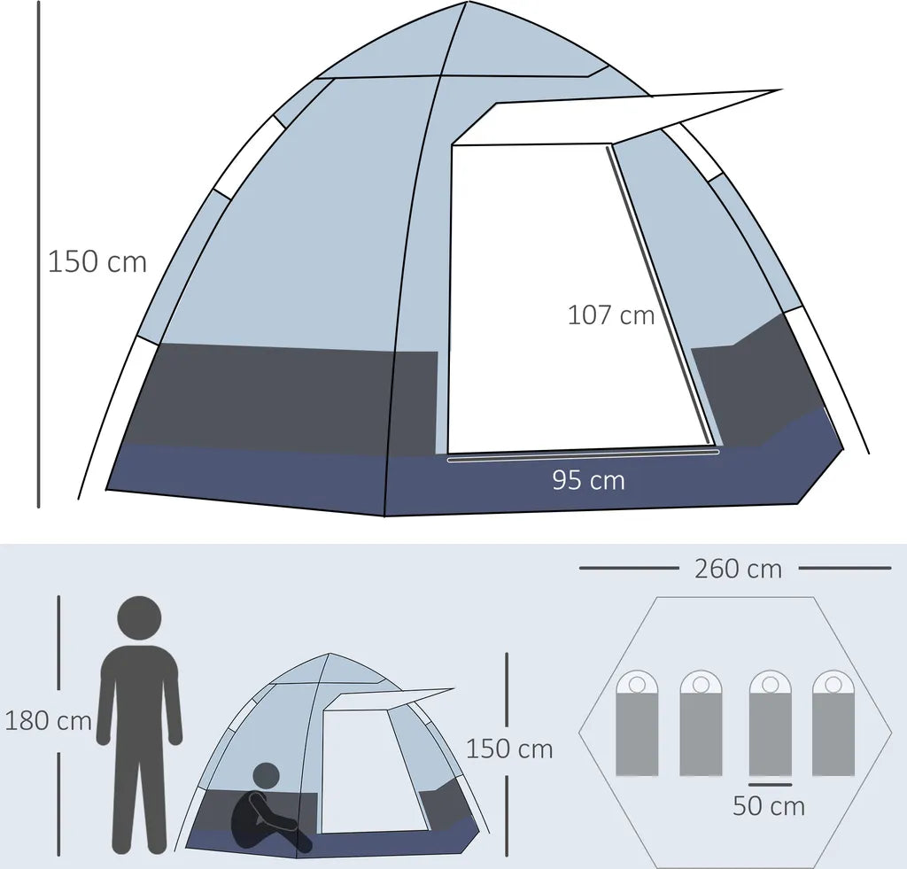  Outsunny Camping Zelt 3-4 Personen Zelt Familienzelt Kuppelzelt 210T PU3000mm Einfache Einrichtung Für Familien Trekking Festival Stahl Glasfaser Grün+Grau 240 X 240 X 195 Cm