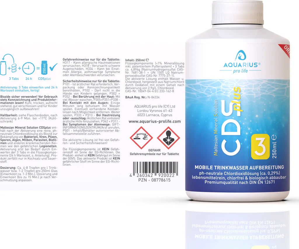  AQUARIUS Pro Life ® - CDSplus 250 Ml - Patentierte Chlordioxid Lösung I CDL Tropfen I Chlorine Dioxide Solution I Auf Wunsch Aktivierbar I Das Original