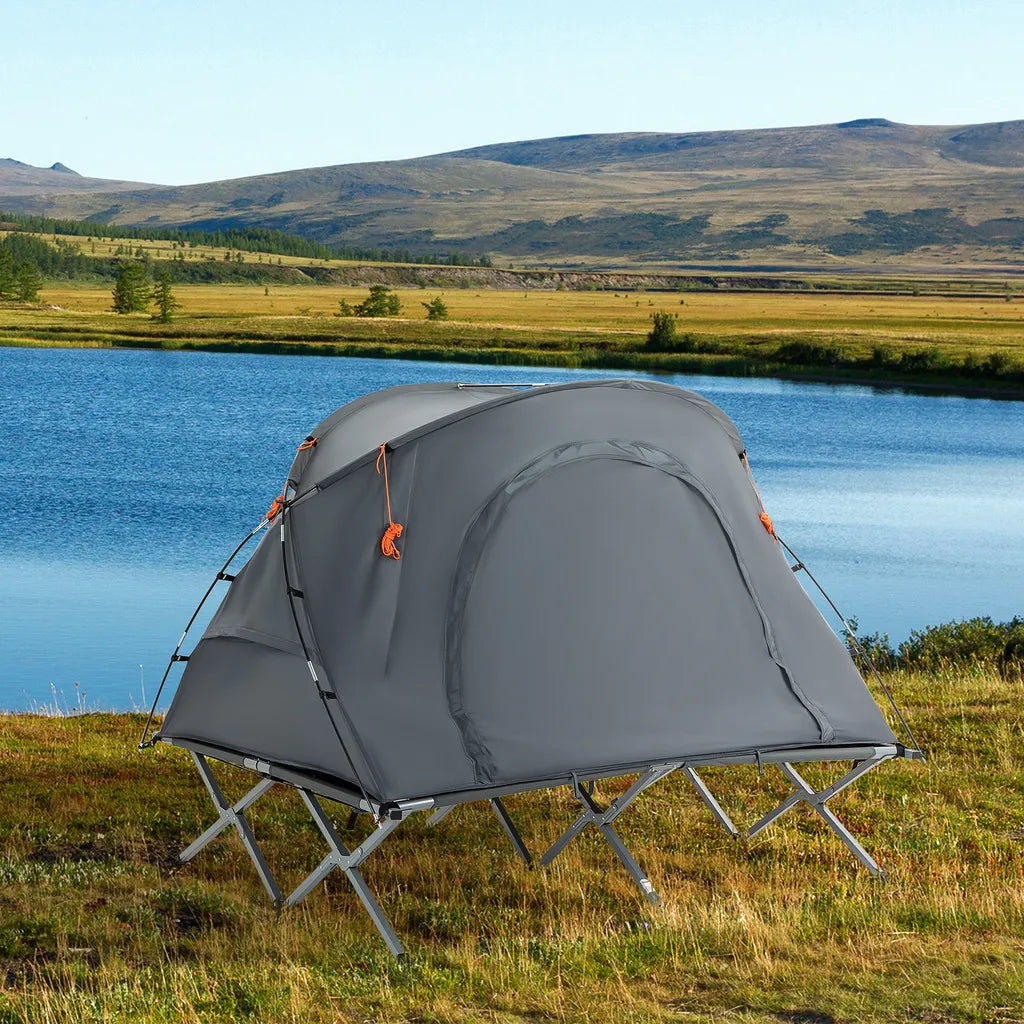  Outsunny Campingbett Mit Zelt Erhöhtes Feldbett Für 2 Person Kuppelzelt Mit Luftmatratze Inkl. Tragetasche Grau 200 X 146 X 159 Cm