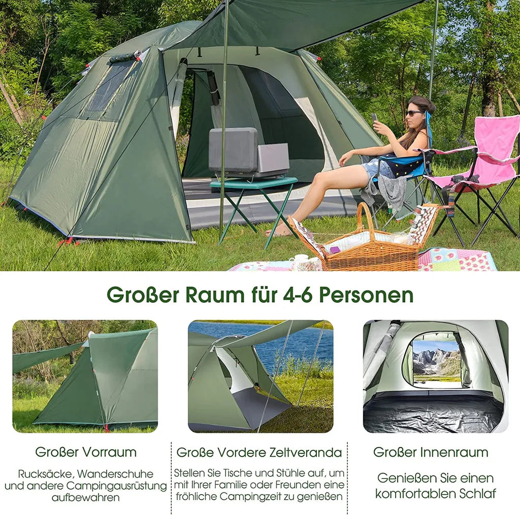 COSTWAY 4 Personen Campingzelt Mit Vordach, Doppelschicht Und Fenster, Kuppelzelt Winddicht, Camping Tent Wurfzelt Für 4 Erwachsene & 2 Kinder