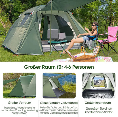  COSTWAY 4 Personen Campingzelt Mit Vordach, Doppelschicht Und Fenster, Kuppelzelt Winddicht, Camping Tent Wurfzelt Für 4 Erwachsene & 2 Kinder