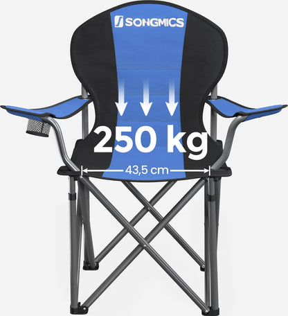  SONGMICS Campingstuhl, Klappbar, Klappstuhl, Komfortabler Mit Schaumstoff Gepolsterter Sitz, Mit Flaschenhalter, Hoch Belastbar, Max. Belastbarkeit 250 Kg, Outdoor Stuhl, Blau GCB06BU
