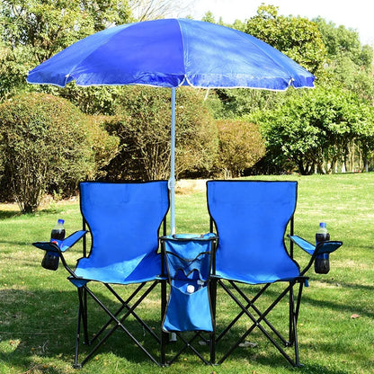  COSTWAY Campingstuhl Mit Sonnenschirm, Klappstuhl Für Paare, Doppel Angelstuhl Faltbar Mit Getränkehalter Kühltasche