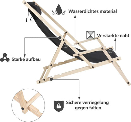  Yakimz Liegestuhl Klappbar Gartenstuhl Holz Sonnenliege Klappstuhl Campingstuhl Strand Schwarz Mit Handläufen 2 Stück