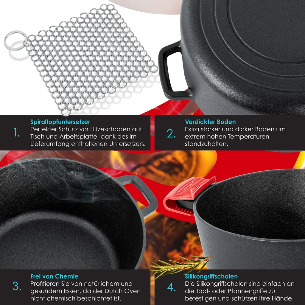  KESSER® Dutch Oven 2in1 Gusseisen Topf 4,8L Und Pfanne 1,8L Einsatzfertig Eingebrannt Inkl. Kochbuch Schmortopf Doppelfunktion Deckel/Bratpfanne Für Küche Camping Garten BBQ Backen Gasgrill, Farbe:Schwarz