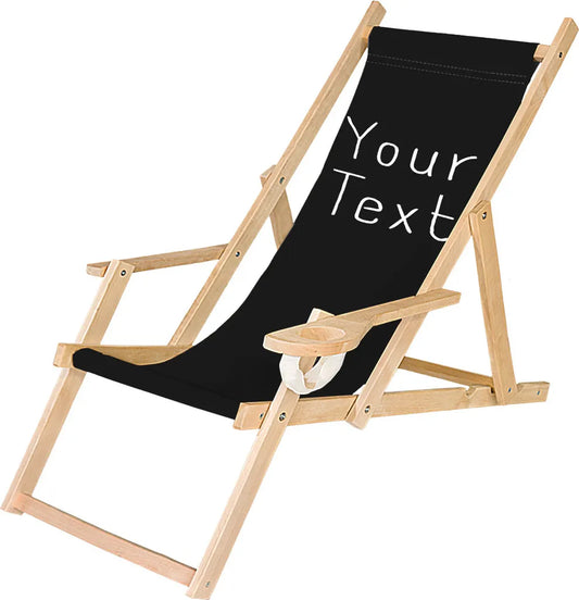  Holz-Liegestuhl Klappbar Personalisiert Klappliegestuhl Mit Armlehne Und Getränkehalter Strandstuhl Motiv Bedrucken Schwarz, Deinen Text [119]