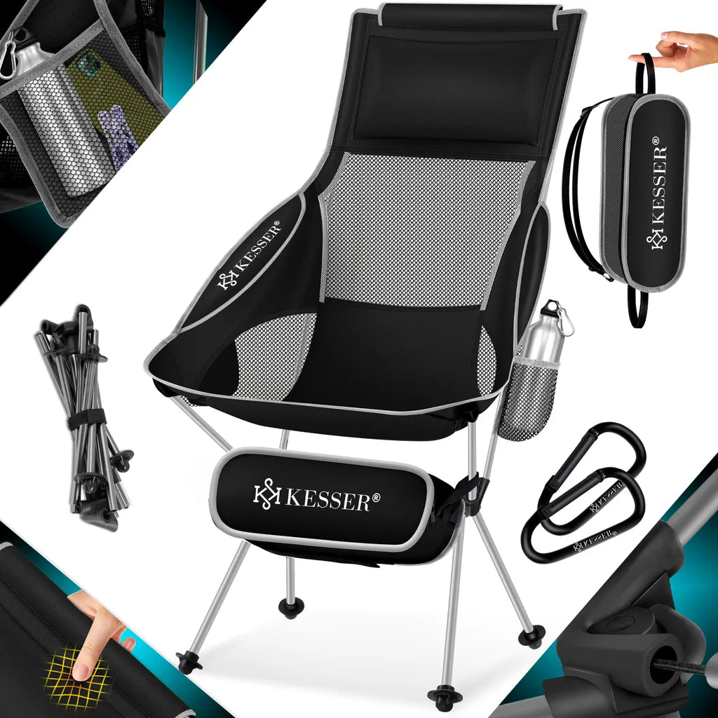  KESSER® Campingstuhl Faltbar Klappbar Mit Hoher Rückenlehne Tragbar Angelstuhl Camping Stuhl Faltstuhl Bis 120 Kg Strandstuhl Angelstuhl Klapphocker Mit Getränkehalter Outdoor Stuhl, Farbe:Schwarz / Grau