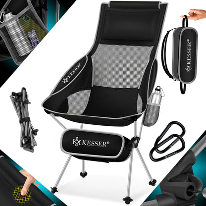  KESSER® Campingstuhl Faltbar Klappbar Mit Hoher Rückenlehne Tragbar Angelstuhl Camping Stuhl Faltstuhl Bis 120 Kg Strandstuhl Angelstuhl Klapphocker Mit Getränkehalter Outdoor Stuhl, Farbe:Schwarz / Grau