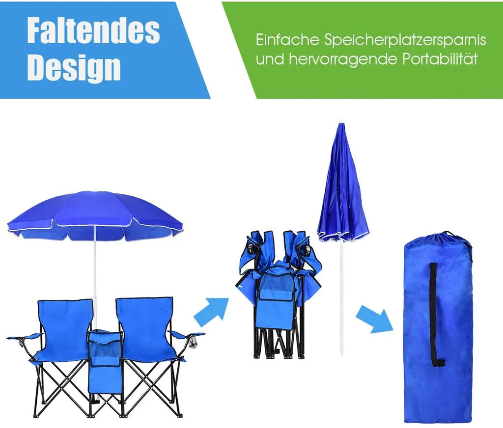  COSTWAY Campingstuhl Mit Sonnenschirm, Klappstuhl Für Paare, Doppel Angelstuhl Faltbar Mit Getränkehalter Kühltasche