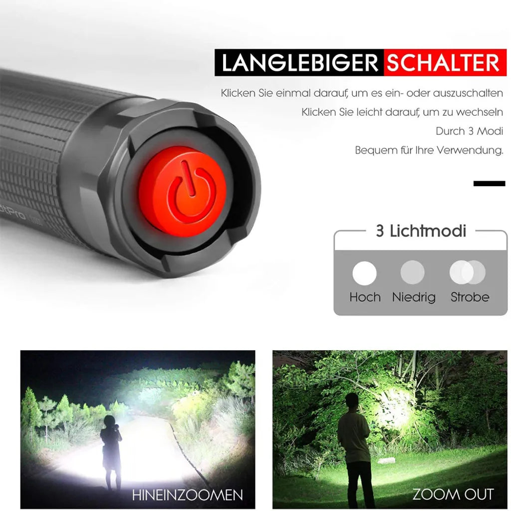  LED Taschenlampe Superhell Zoombar Taschenlampen Tragbare Handlampe Wasserdicht IPX6, Notlicht, Camping Wandern Outdoor Notüberleben Licht