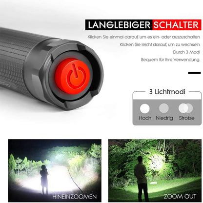  LED Taschenlampe Superhell Zoombar Taschenlampen Tragbare Handlampe Wasserdicht IPX6, Notlicht, Camping Wandern Outdoor Notüberleben Licht
