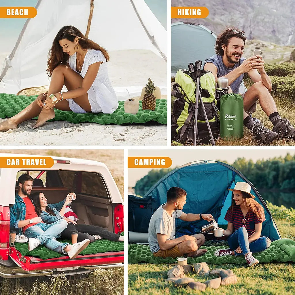  Relefree Isomatte Camping Selbstaufblasend Mit Fußpresse Kleines Packmaß Ultraleicht - Camping Luftmatratze Wasserdicht Mit Kissen , Mehrweg，Tannengrün