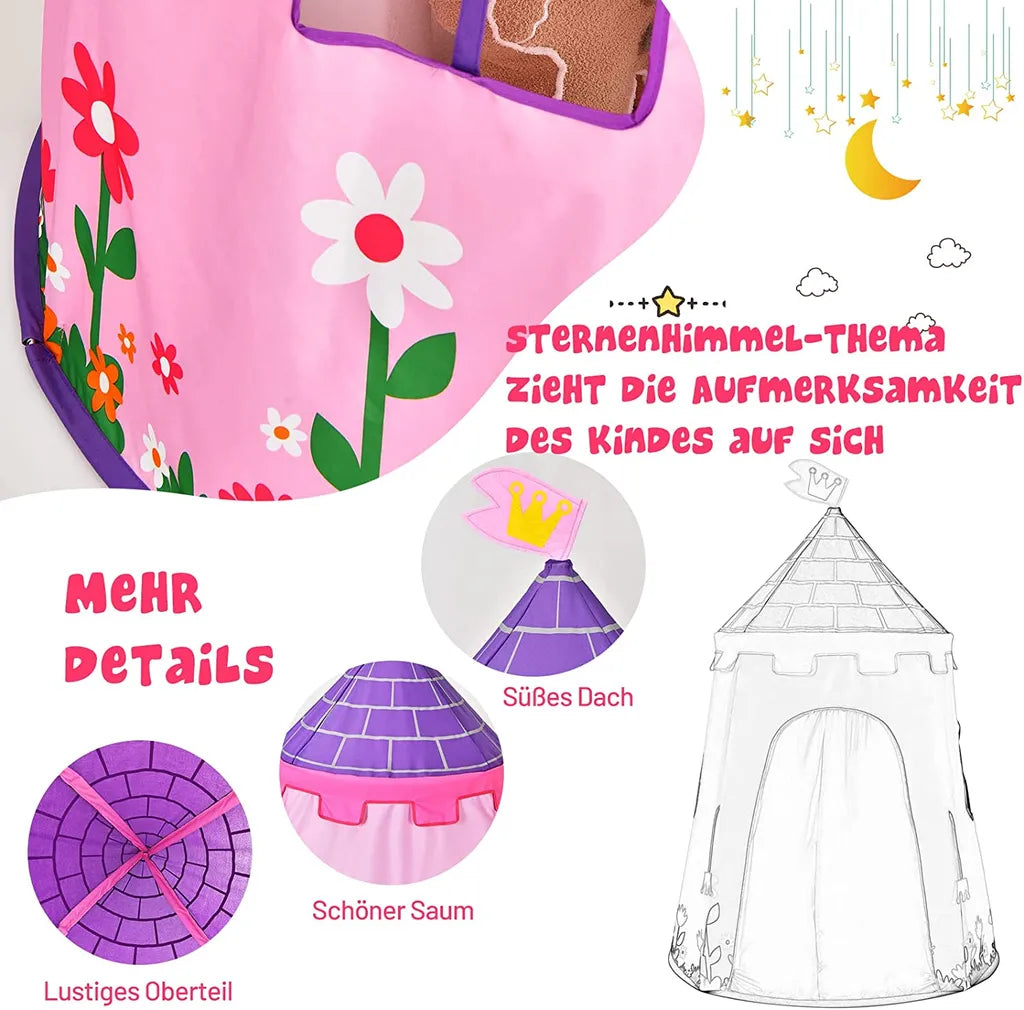  COSTWAY Spielzelt Für Kinder, Kinderhaus Mit Tragetasche & Fenstern, Kinderzelt Schloss Zelt, Spielzeugzelt Für Jungen & Mädchen, Spielhaus Für Innen Und Außen (Pink)