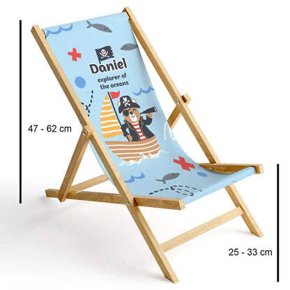  Kinder Holz-Liegestuhl Personalisierbar Klappbar Klappliegestuhl Sonnenliege Strandstuhl Wechselbezug Motiv Pirate Bär [119]