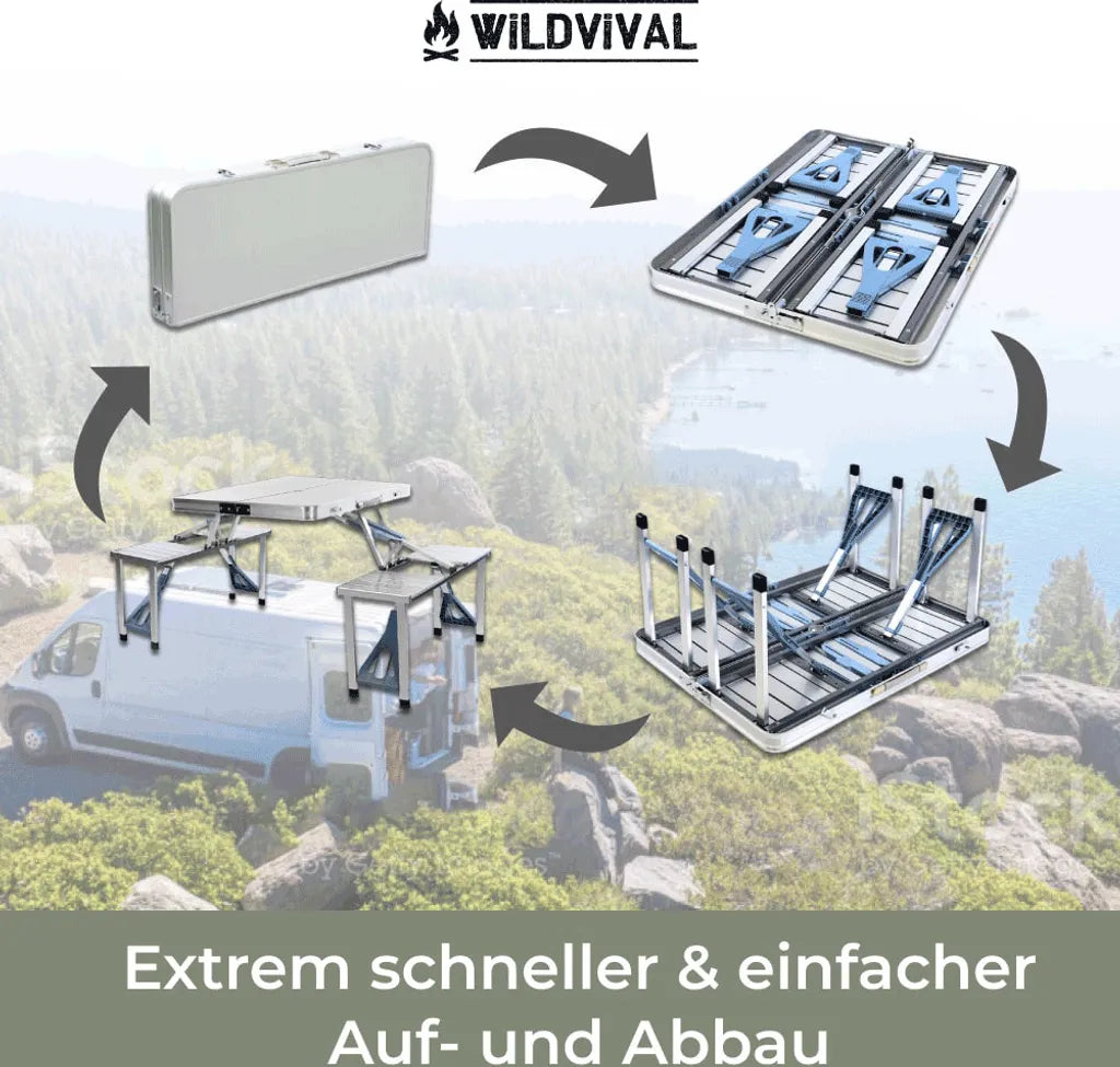  Camping-Tisch Für 4 Personen Von Wildvival| Outdoor-Tisch Garnitur | Camping-Tisch Mit Vier Sitzplätzen | Handlicher Koffer | Faltbarer Picknick-Tisch | Klappbarer Garten-Tisch