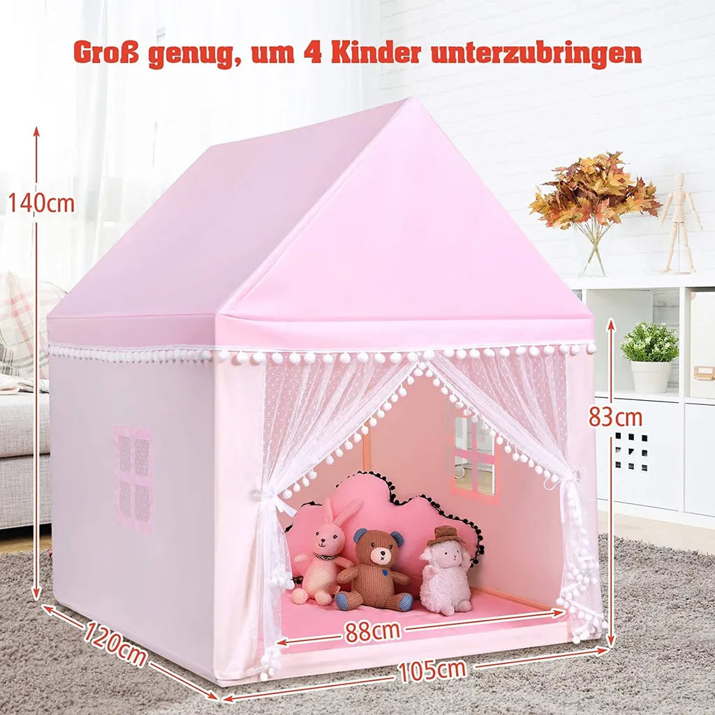  COSTWAY Kinderspielhaus Kinderzelt Spielhaus Prinzess Prinzessin, Kinderspielzelt Stoffzelt Mit Massivholzrahmen & Baumwolldecke, Kinderspielburg Für Jungen Märchen 120x105x140cm (Rosa)