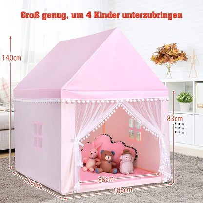  COSTWAY Kinderspielhaus Kinderzelt Spielhaus Prinzess Prinzessin, Kinderspielzelt Stoffzelt Mit Massivholzrahmen & Baumwolldecke, Kinderspielburg Für Jungen Märchen 120x105x140cm (Rosa)