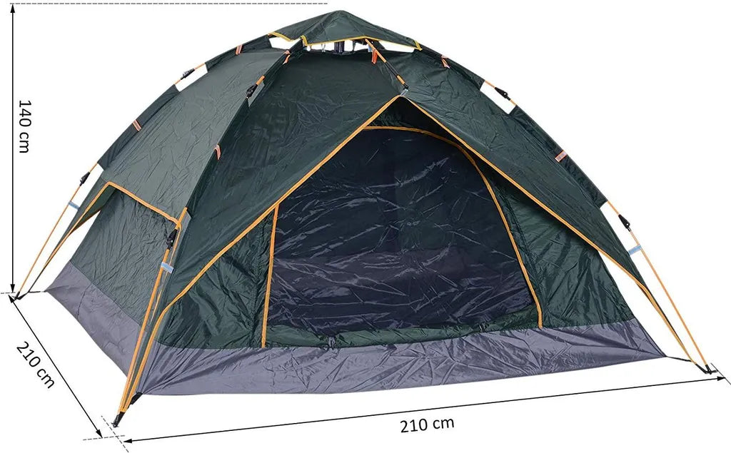  Outsunny Doppelzelt Campingzelt Outdoorzelt Familienzelt Quick-Up-Zelt 2 Erwachsene + 1 Kind 4 Jahreszeiten Wasserdicht Tragetasche 2 Türen Polyester + Glasfaser Dunkelgrün 210 X 210 X 140 Cm