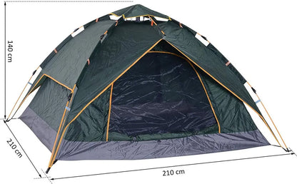  Outsunny Doppelzelt Campingzelt Outdoorzelt Familienzelt Quick-Up-Zelt 2 Erwachsene + 1 Kind 4 Jahreszeiten Wasserdicht Tragetasche 2 Türen Polyester + Glasfaser Dunkelgrün 210 X 210 X 140 Cm