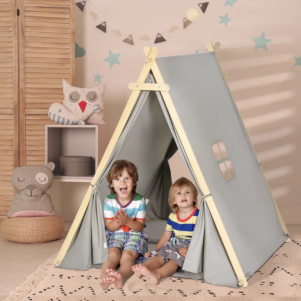  HOMCOM Kinder Teepee Tipi Zelt Mit Fenster Indoor Outdoor Kinderspielzelt Spieltipi Mit Kissen Polyester Kieferholz Lesen Spielen Ausruhen 3-6 Jahren Grau 130 X 115 X 136 Cm