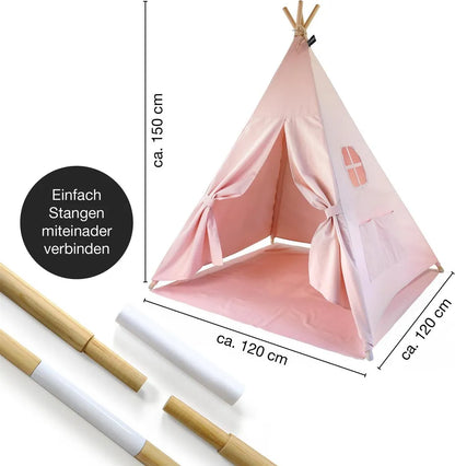  Hej Lønne Tipi Zelt Für Kinder (rosa, Einfarbig), Zelt, 4 Stangen, 120x120x150cm, Baumwolle