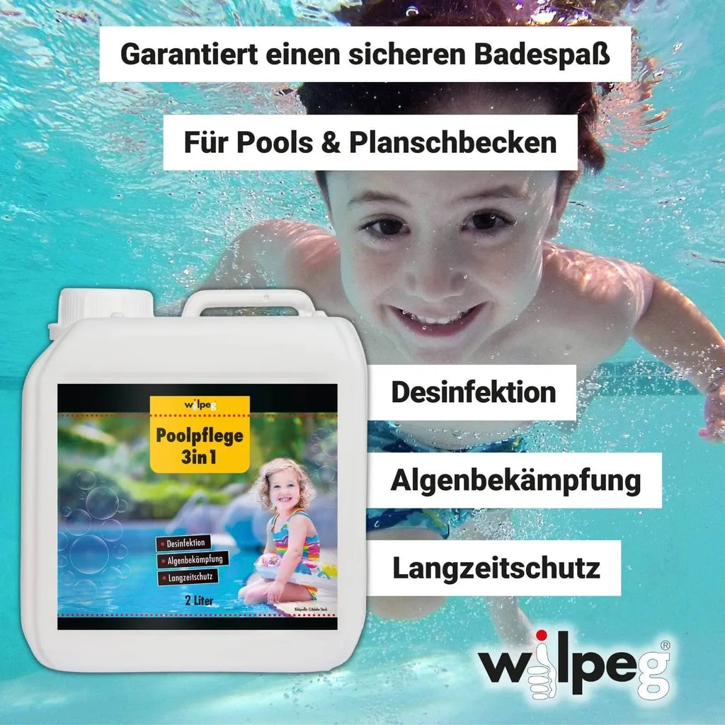  Wilpeg Poolpflege 3in1 2 Liter, Chlor Desinfektion, Algenentferner, Langzeitschutz, Für Pools Und Planschbecken