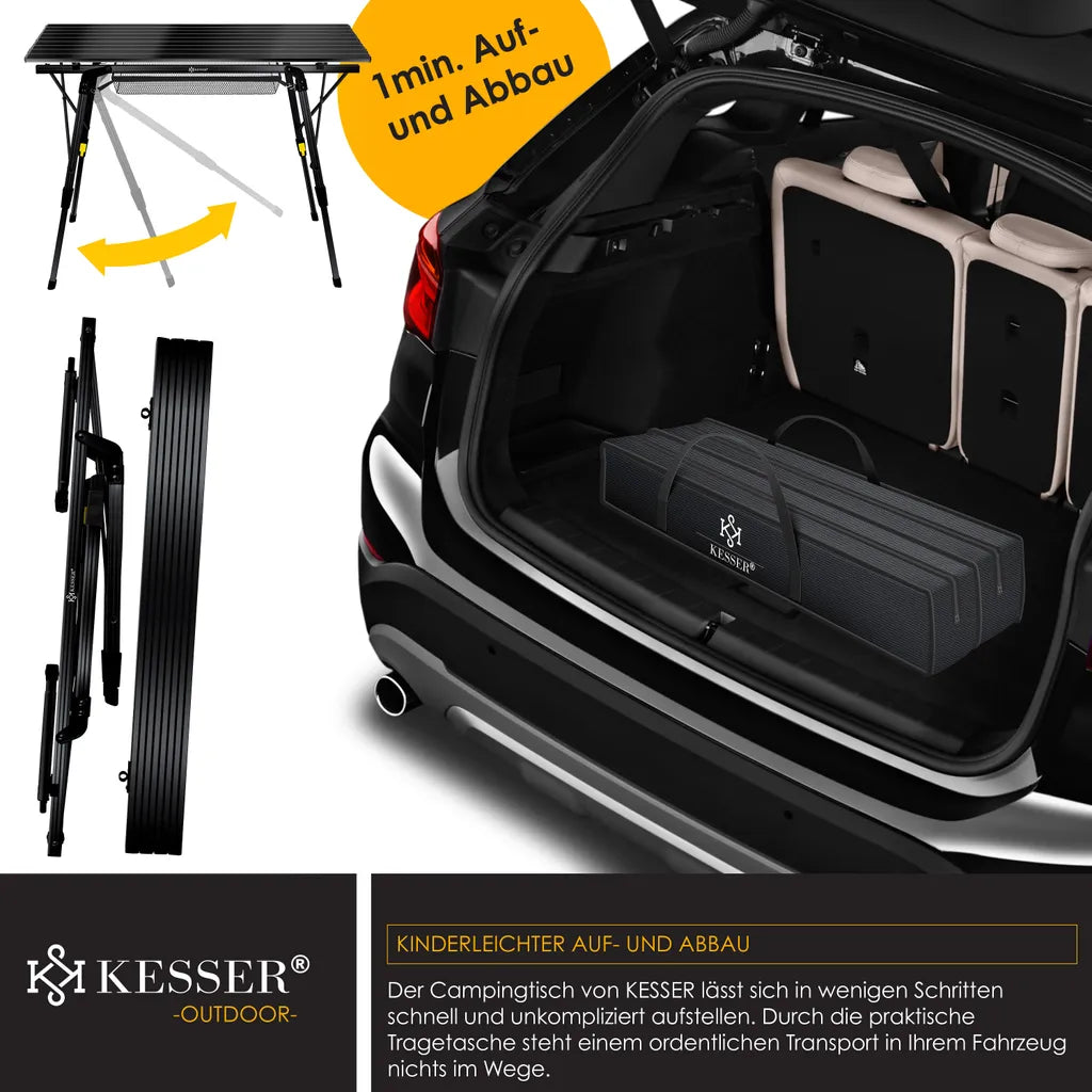  KESSER® Campingtisch Faltbar Klapptisch Camping Tisch Mit Aluminiumrahmen Aufrollbare Tischplatte Falttisch Klappbar Mit Höhenverstellung Inkl. Tragetasche Mit Trageband 90 X 53cm - Bis 30 Kg, Farbe:Schwarz