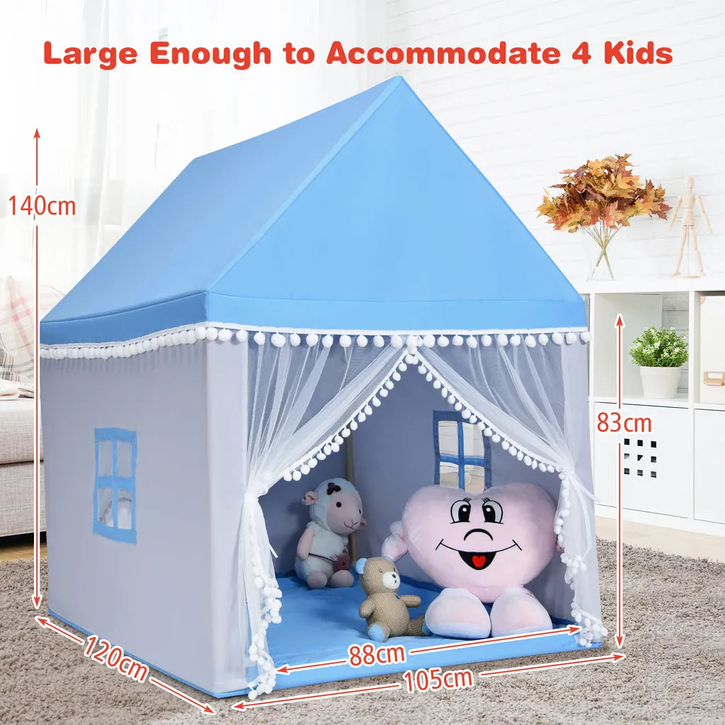  COSTWAY Kinderspielhaus Kinderzelt Spielhaus Prinzess Prinzessin, Kinderspielzelt Stoffzelt Mit Massivholzrahmen & Baumwolldecke, Kinderspielburg Für Jungen Märchen 120x105x140cm (Blau)