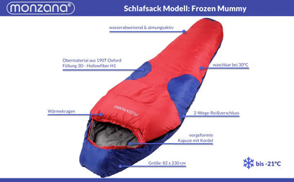  Monzana Schlafsack FROZEN MUMMY Mumienschlafsack 230x82cm Von -21°C Bis 2°C Deckenschlafsack Campingschlafsack Farbwahl, Farbe:dunkelblau-dunkelrot