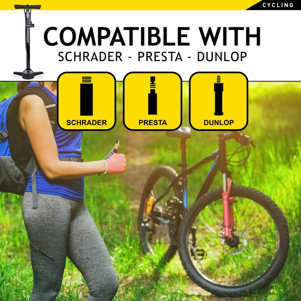  Fahrradpumpe Mit Manometer - Luftpumpe Für Alle Ventile - Standpumpe Für Dunlop-Ventil - Presta-Ventil Und Auto-Ventil - Schwarz