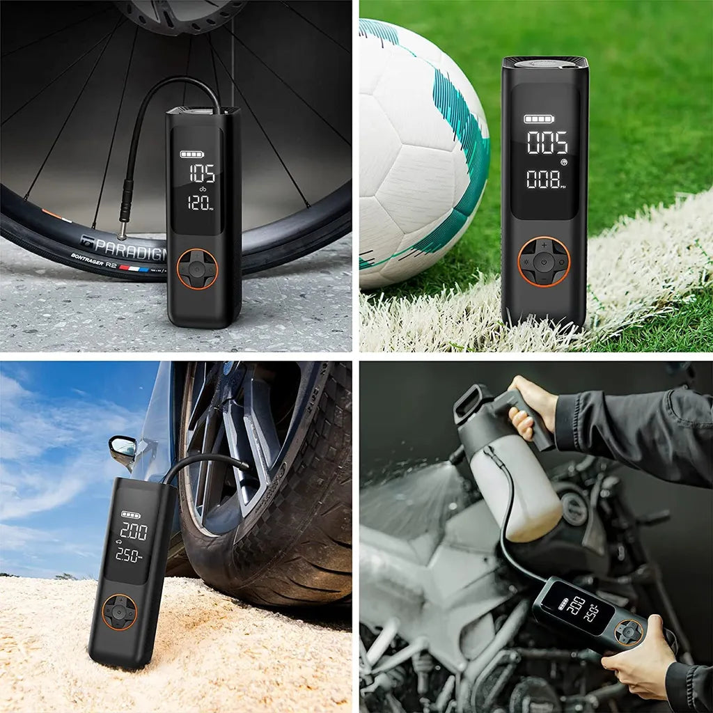  QiCYCLE Elektrische Luftpumpe, Tragbarer Luftkompressor Mit LED-Licht, Hochpräziser Digitaler Akku-Kompressor Reifenfüller Für Auto, Motorräder, Fahrräder, Bälle
