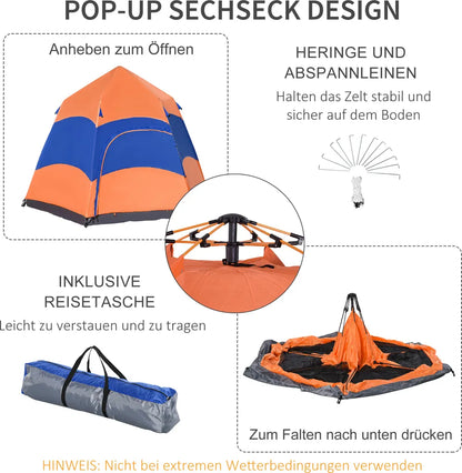 OUTSUNNY Quick-Up-Zelt Doppelwandzelt Outdoor Familienzelt Pop-Up Für 4–6 Personen 4 Jahreszeiten Wasserdicht