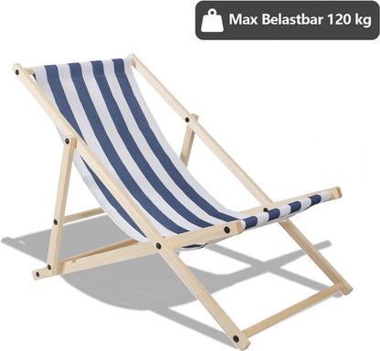  Karpal Klappbar Holzliegestuhl Campingstuhl Abnehmbarem Strandliege Fuer Den Garten, Terrasse Und Balkon 120 Kg Max.(Blau-Weiss-gestreift)