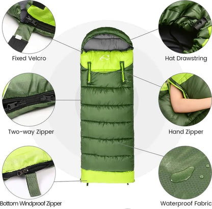  Outdoor Camping Schlafsack-Leicht,Kompakt,Wasserdicht,Warm Für 3-4 Jahreszeiten,Spleißbarer Schlafsack Für Camping,Wandern Und Bergsteigen,Grün,Reißverschluss Links