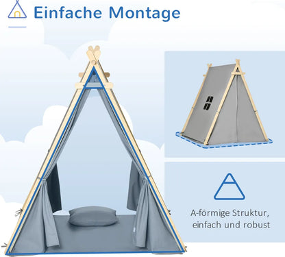  HOMCOM Kinder Teepee Tipi Zelt Mit Fenster Indoor Outdoor Kinderspielzelt Spieltipi Mit Kissen Polyester Kieferholz Lesen Spielen Ausruhen 3-6 Jahren Grau 130 X 115 X 136 Cm