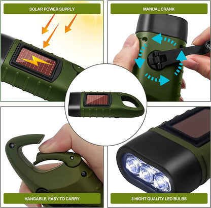  3er Solar LED Taschenlampe Handkurbel Wiederaufladbare Mit Wanderschnalle, Dynamo Taschenlampe, Taschenlampenkurbel Für Outdoor/Camping/Notfall,Grün