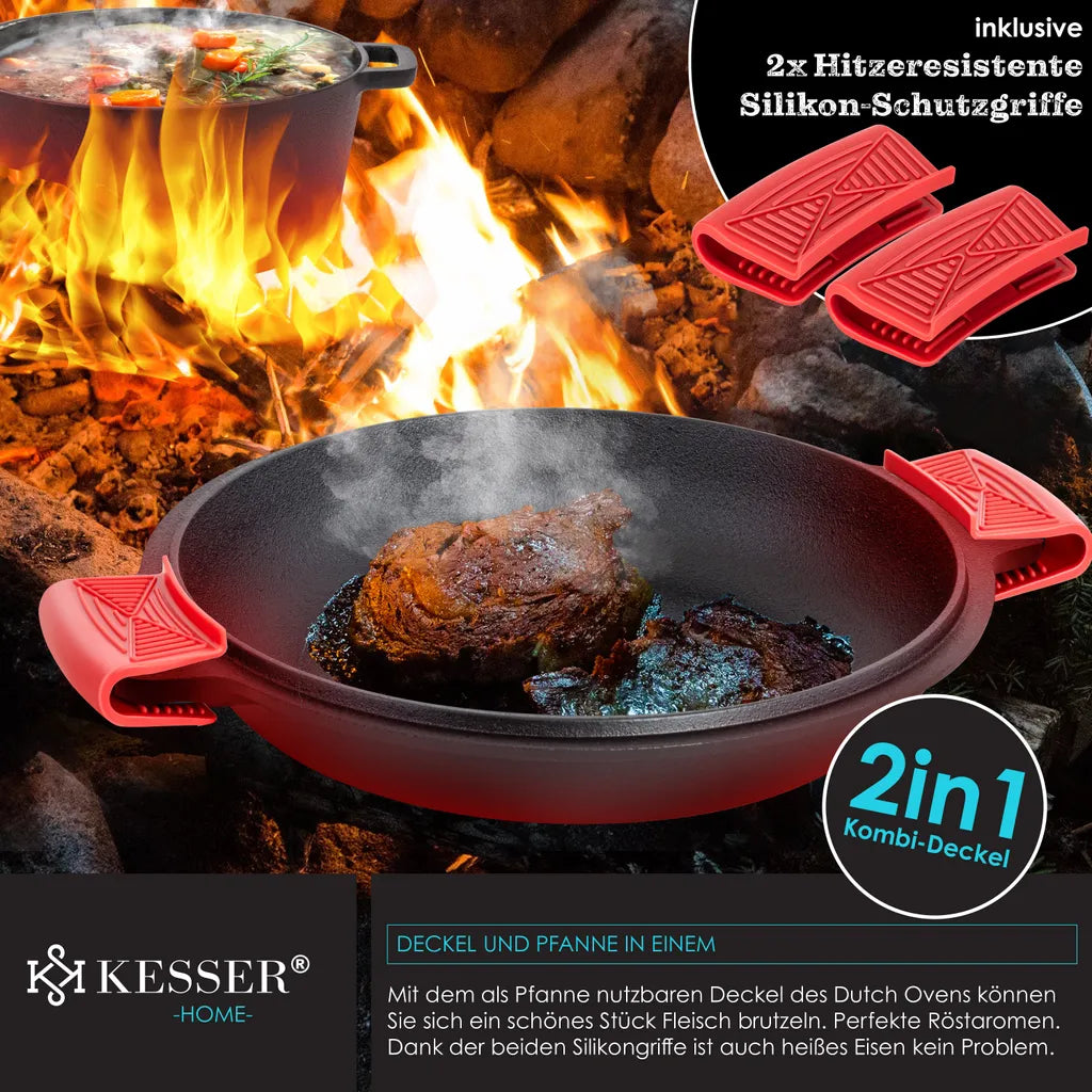  KESSER® Dutch Oven 2in1 Gusseisen Topf 4,8L Und Pfanne 1,8L Einsatzfertig Eingebrannt Inkl. Kochbuch Schmortopf Doppelfunktion Deckel/Bratpfanne Für Küche Camping Garten BBQ Backen Gasgrill, Farbe:Schwarz