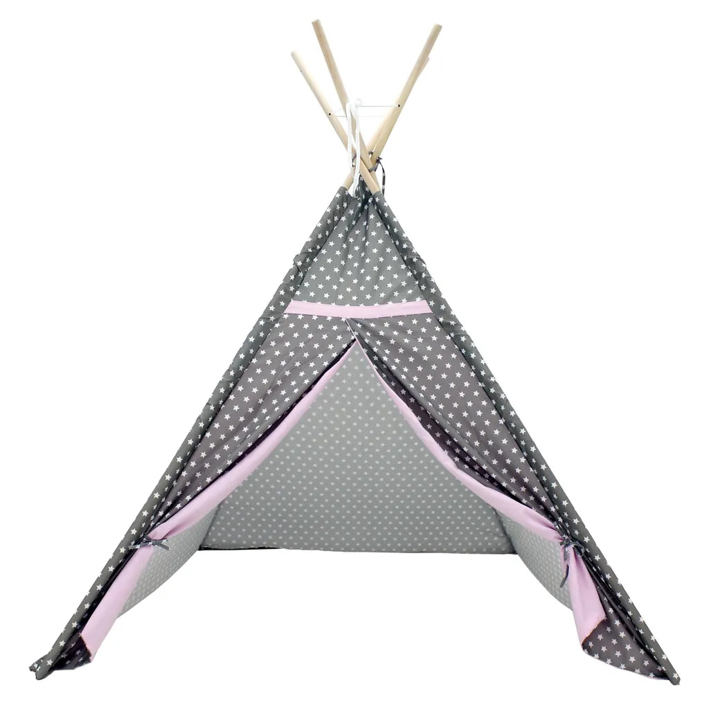  ECD Germany Spielzelt Für Kinder Mit Fenster, 115x115x160 Cm, Grau Mit Rosa Sternen, Aus Polyester - Drinnen Draußen - Kinderzelt Babyzelt Zelt Spielhaus Spielzeug Geschenkidee