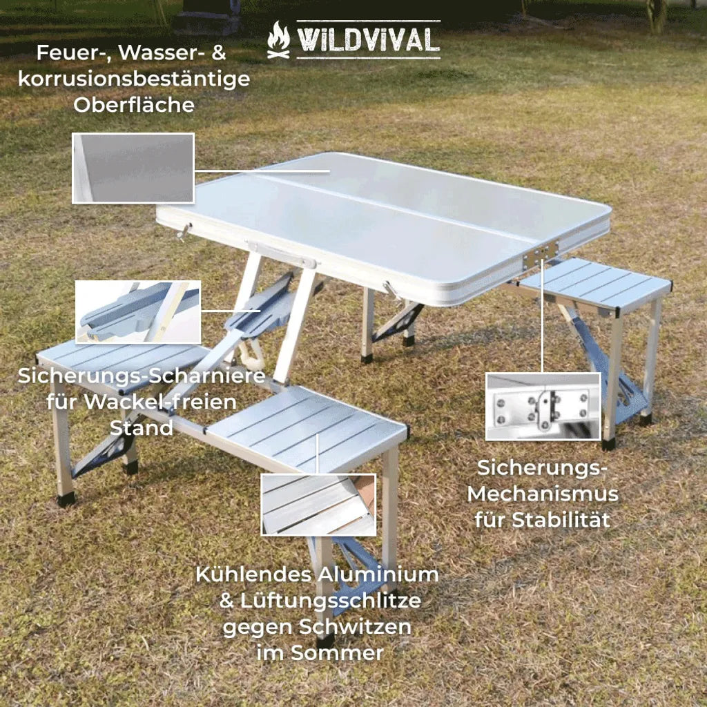  Camping-Tisch Für 4 Personen Von Wildvival| Outdoor-Tisch Garnitur | Camping-Tisch Mit Vier Sitzplätzen | Handlicher Koffer | Faltbarer Picknick-Tisch | Klappbarer Garten-Tisch