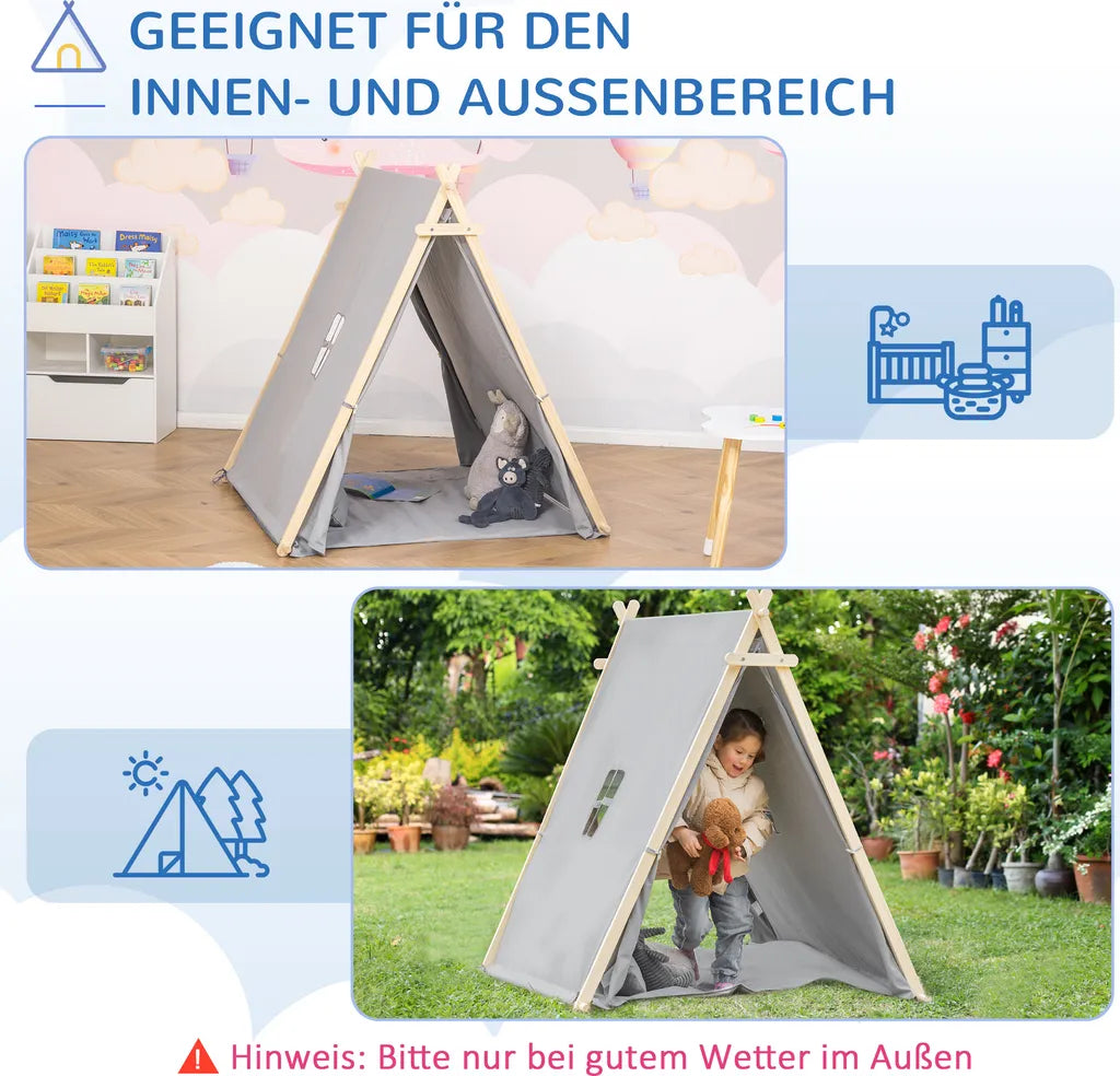  HOMCOM Kinder Teepee Tipi Zelt Mit Fenster Indoor Outdoor Kinderspielzelt Spieltipi Mit Kissen Polyester Kieferholz Lesen Spielen Ausruhen 3-6 Jahren Grau 130 X 115 X 136 Cm