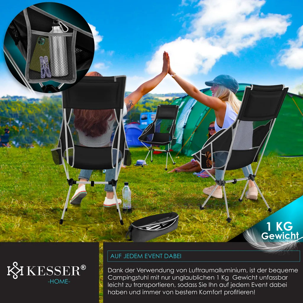  KESSER® Campingstuhl Faltbar Klappbar Mit Hoher Rückenlehne Tragbar Angelstuhl Camping Stuhl Faltstuhl Bis 120 Kg Strandstuhl Angelstuhl Klapphocker Mit Getränkehalter Outdoor Stuhl, Farbe:Schwarz / Grau
